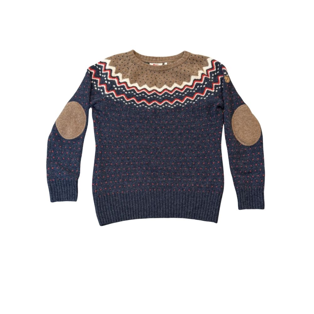 Fjallraven Ovik Navy Tan Fair Isle Wool Birds Eye Knit Sweater Women's Size M